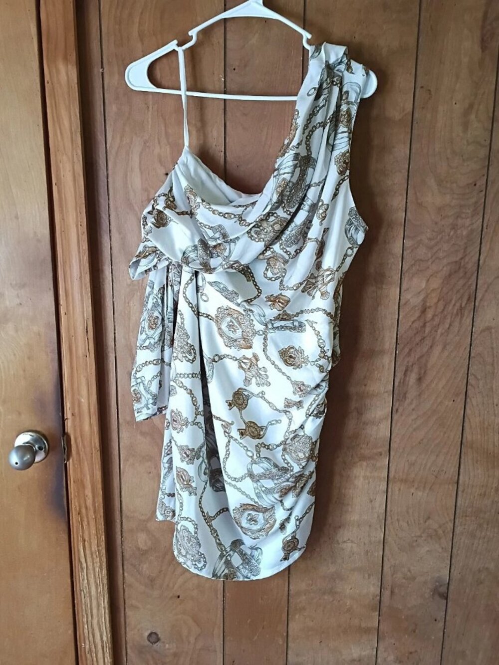 WNTRMSE Davina Dress Size 10 One Shoulder Chain Print Ruched Side Zip Polyester
